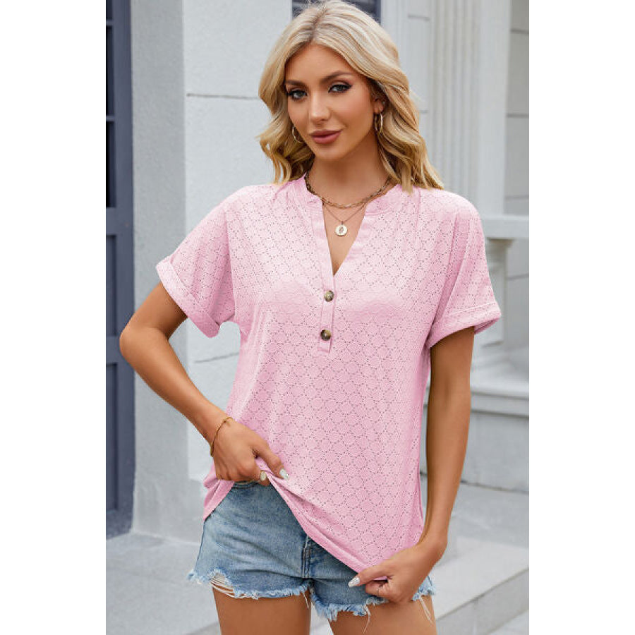 Eyelet Notched Short Sleeve T - Shirt Apparel and Accessories