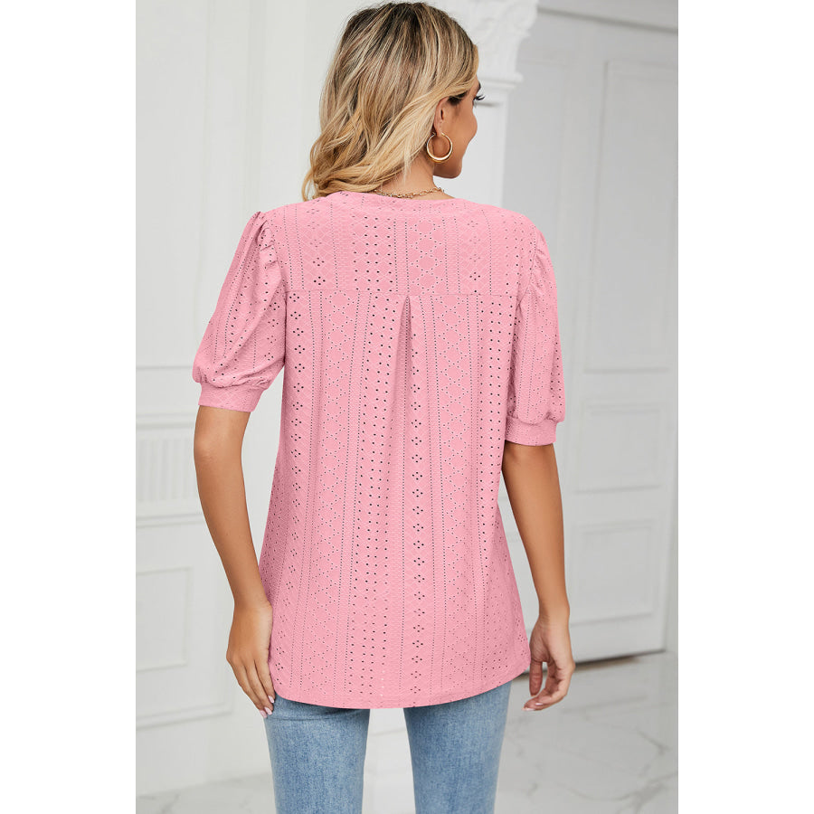 Eyelet Notched Short Sleeve T - Shirt Apparel and Accessories