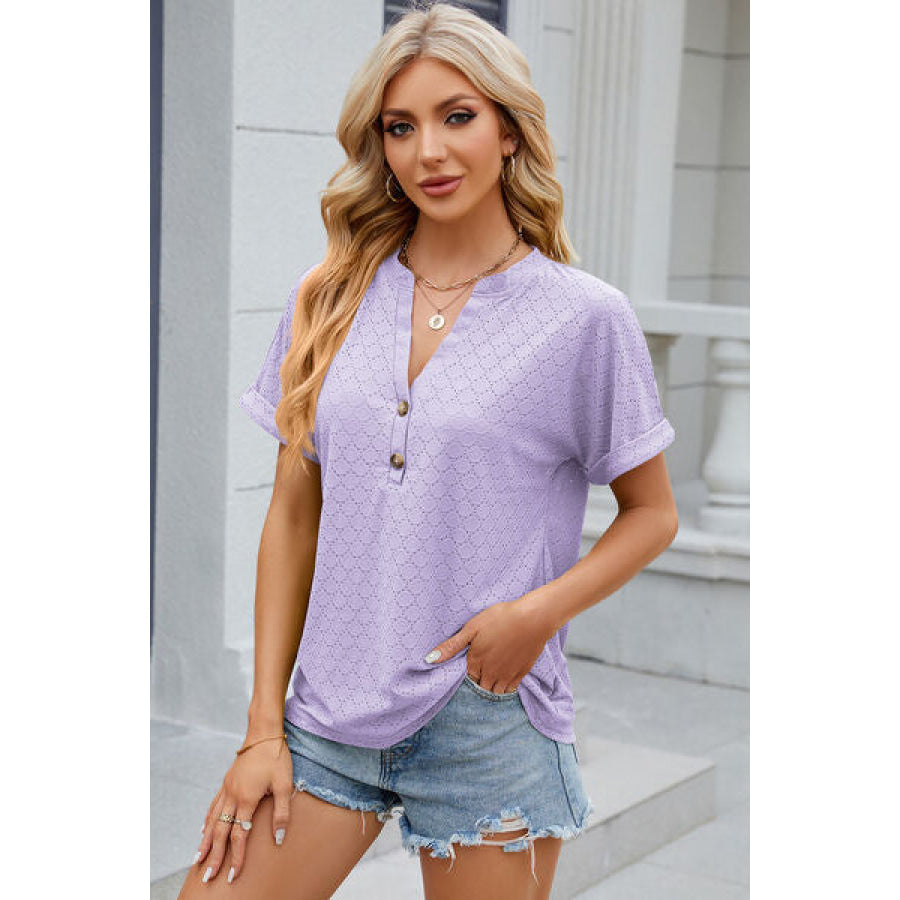 Eyelet Notched Short Sleeve T - Shirt Apparel and Accessories