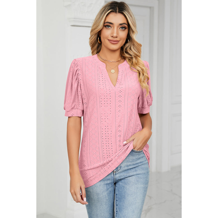 Eyelet Notched Short Sleeve T - Shirt Apparel and Accessories