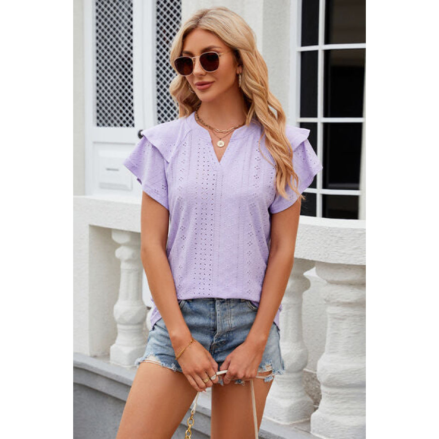 Eyelet Notched Short Sleeve T - Shirt Apparel and Accessories