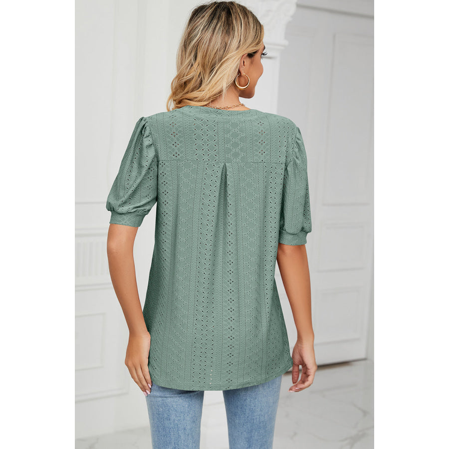 Eyelet Notched Short Sleeve T - Shirt Apparel and Accessories