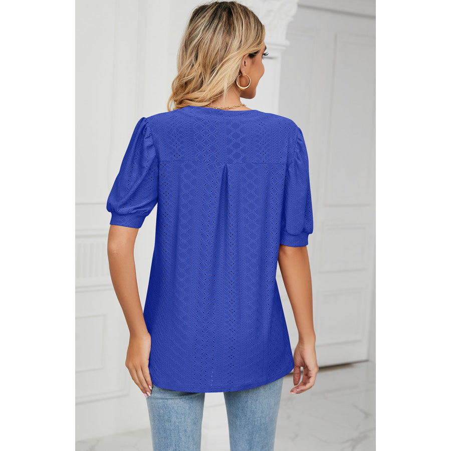 Eyelet Notched Short Sleeve T - Shirt Apparel and Accessories