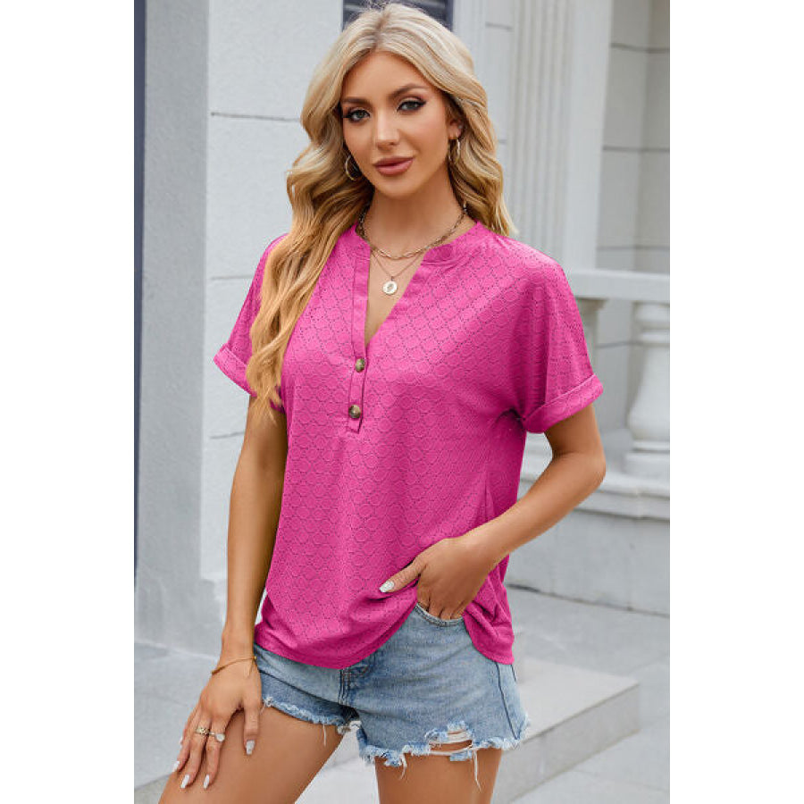 Eyelet Notched Short Sleeve T - Shirt Apparel and Accessories