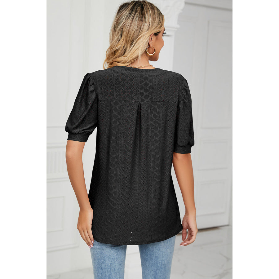 Eyelet Notched Short Sleeve T - Shirt Apparel and Accessories