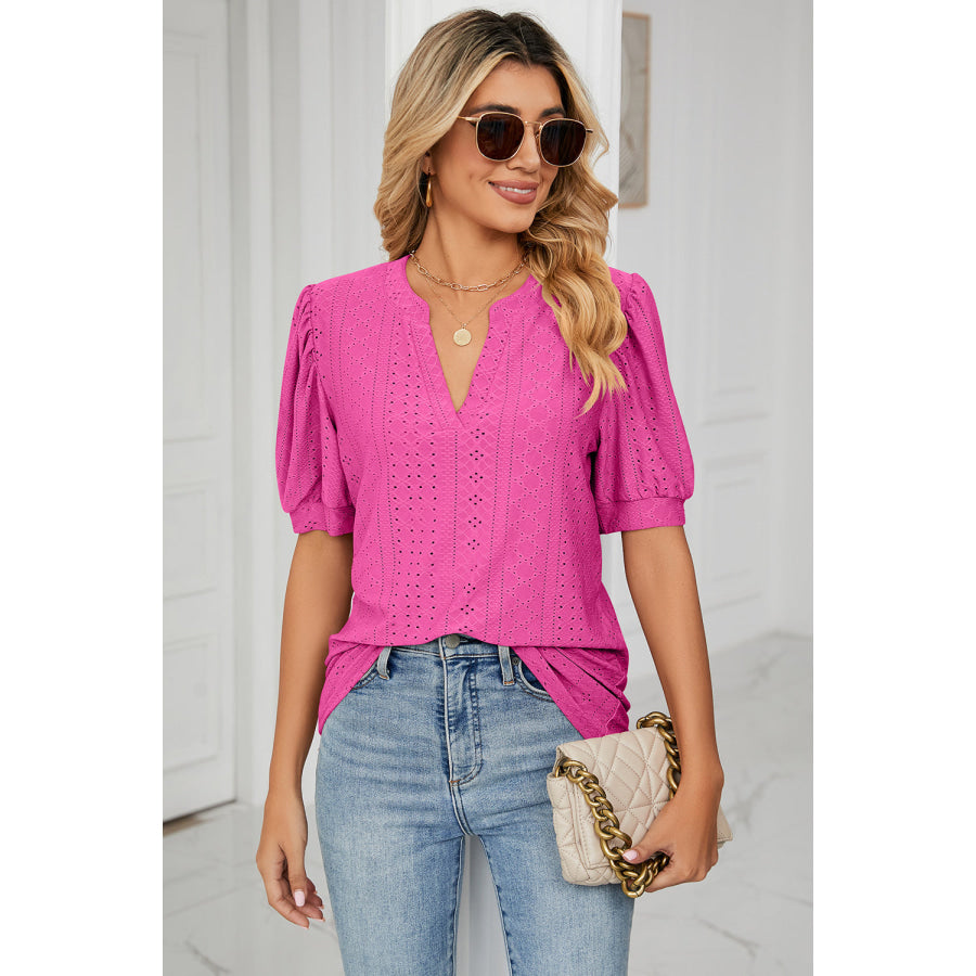 Eyelet Notched Short Sleeve T - Shirt Apparel and Accessories