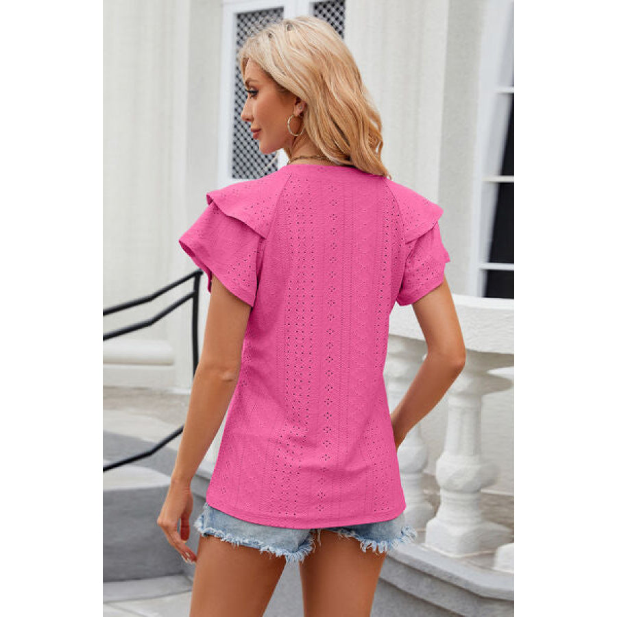 Eyelet Notched Short Sleeve T - Shirt Hot Pink / S Apparel and Accessories