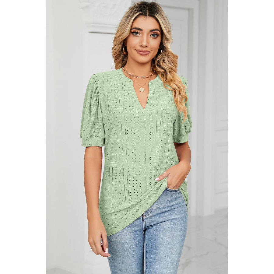 Eyelet Notched Short Sleeve T - Shirt Apparel and Accessories