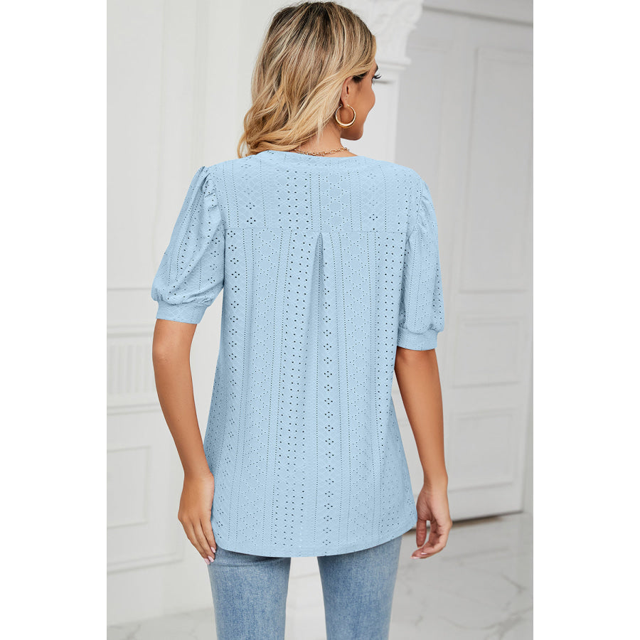 Eyelet Notched Short Sleeve T - Shirt Apparel and Accessories