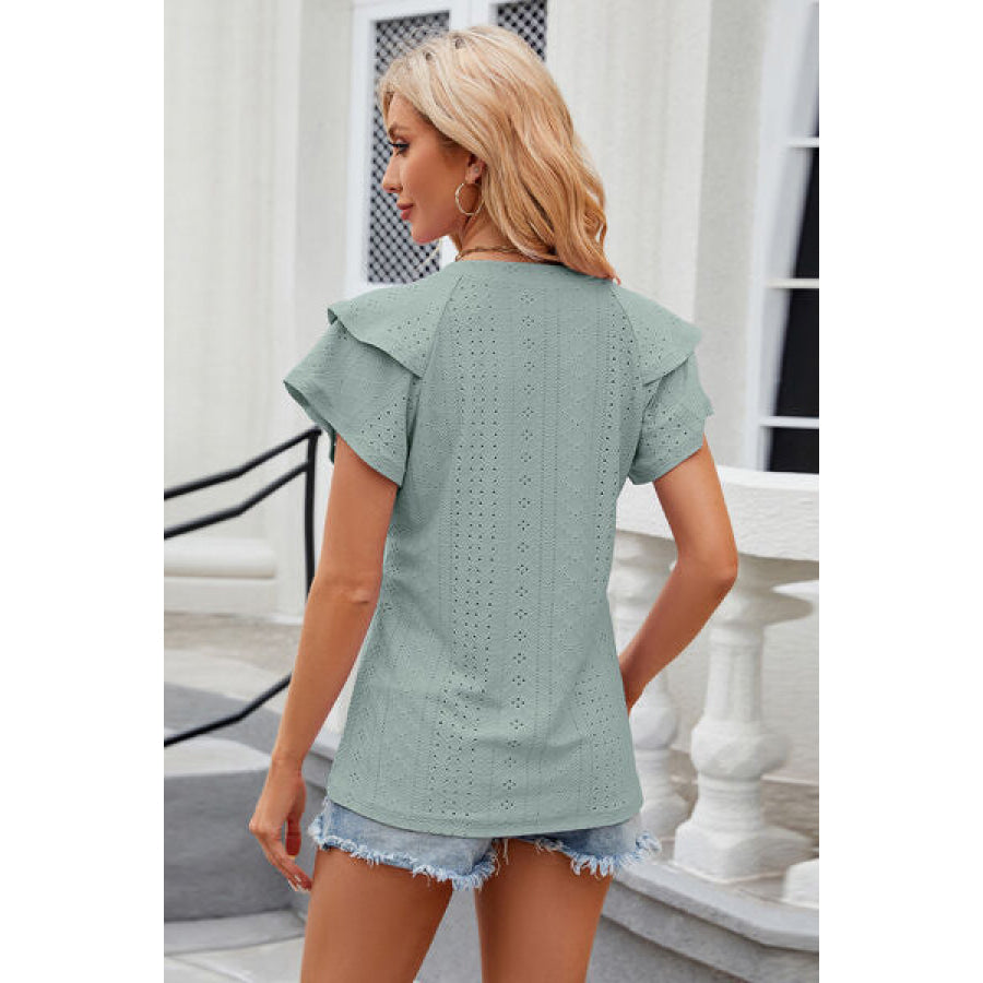 Eyelet Notched Short Sleeve T - Shirt Apparel and Accessories