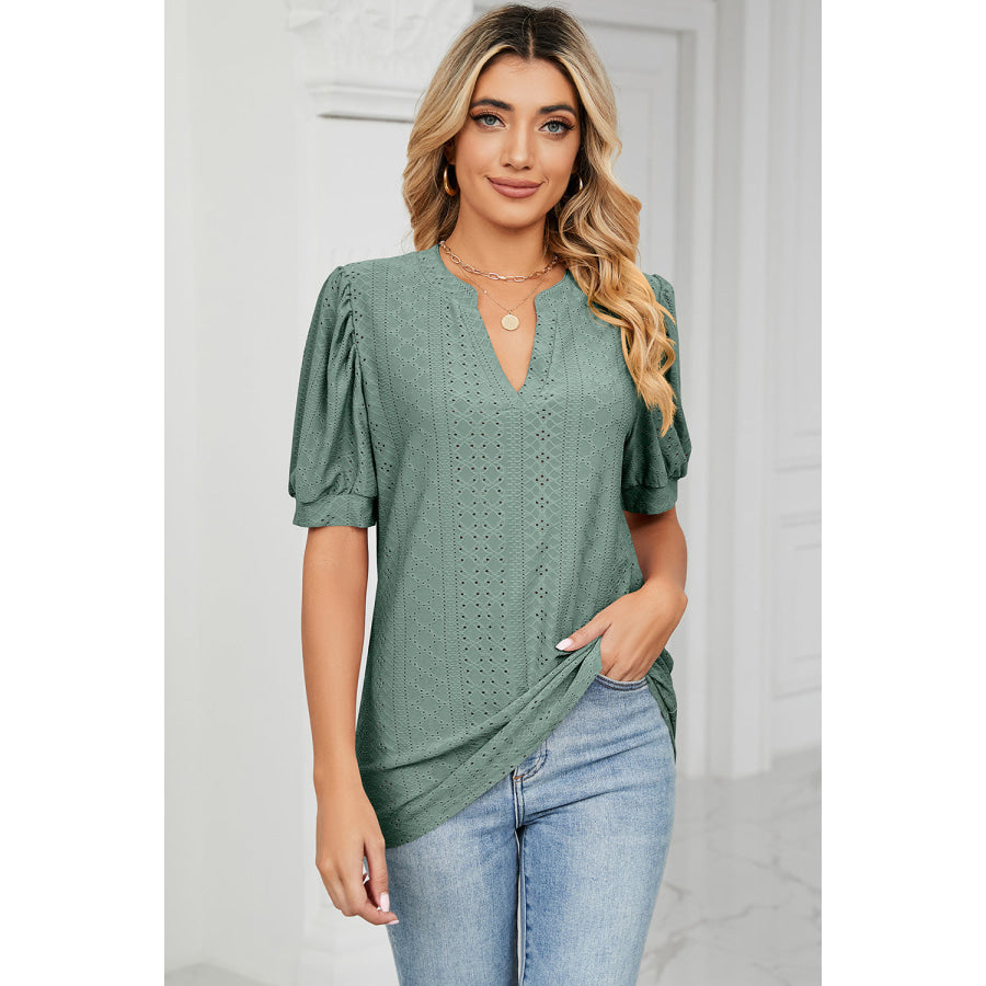 Eyelet Notched Short Sleeve T - Shirt Apparel and Accessories
