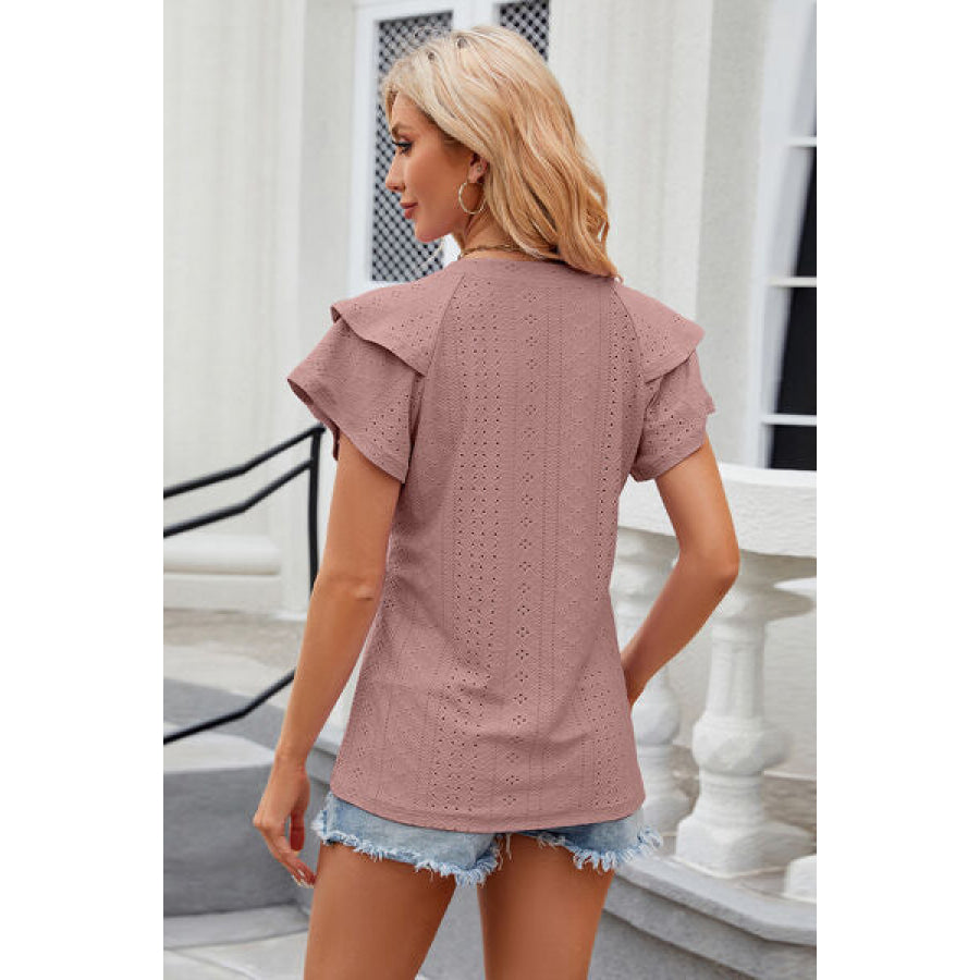 Eyelet Notched Short Sleeve T - Shirt Apparel and Accessories