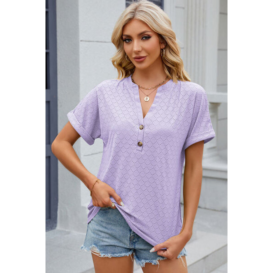 Eyelet Notched Short Sleeve T - Shirt Apparel and Accessories