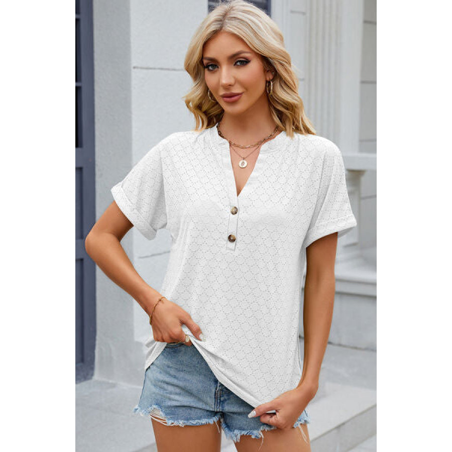 Eyelet Notched Short Sleeve T - Shirt Apparel and Accessories