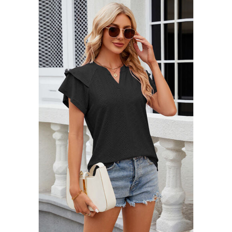 Eyelet Notched Short Sleeve T - Shirt Apparel and Accessories