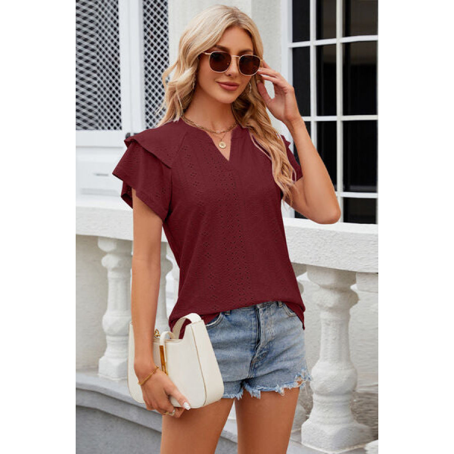 Eyelet Notched Short Sleeve T - Shirt Apparel and Accessories