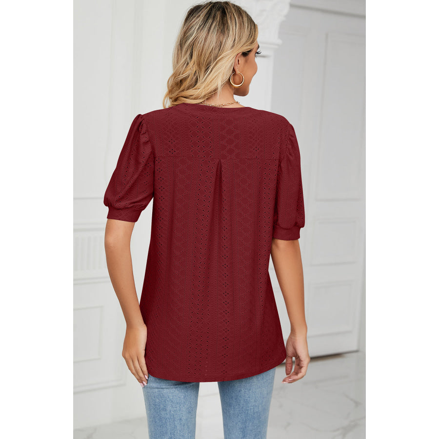 Eyelet Notched Short Sleeve T - Shirt Apparel and Accessories
