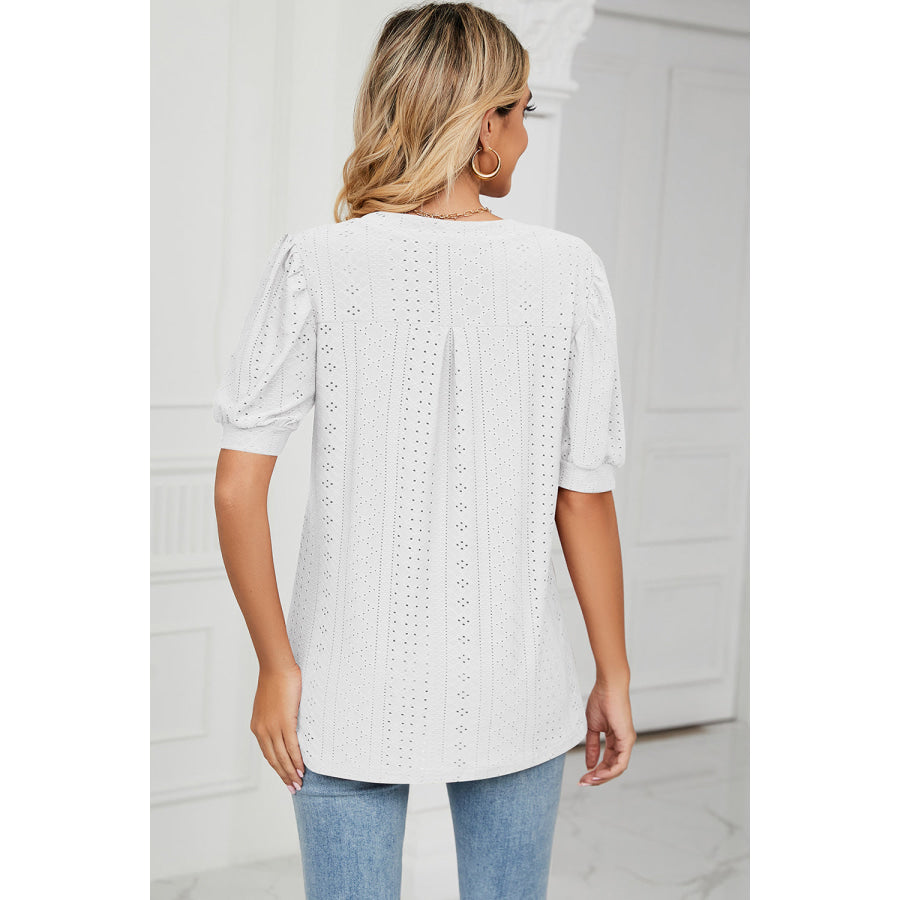 Eyelet Notched Short Sleeve T - Shirt Apparel and Accessories