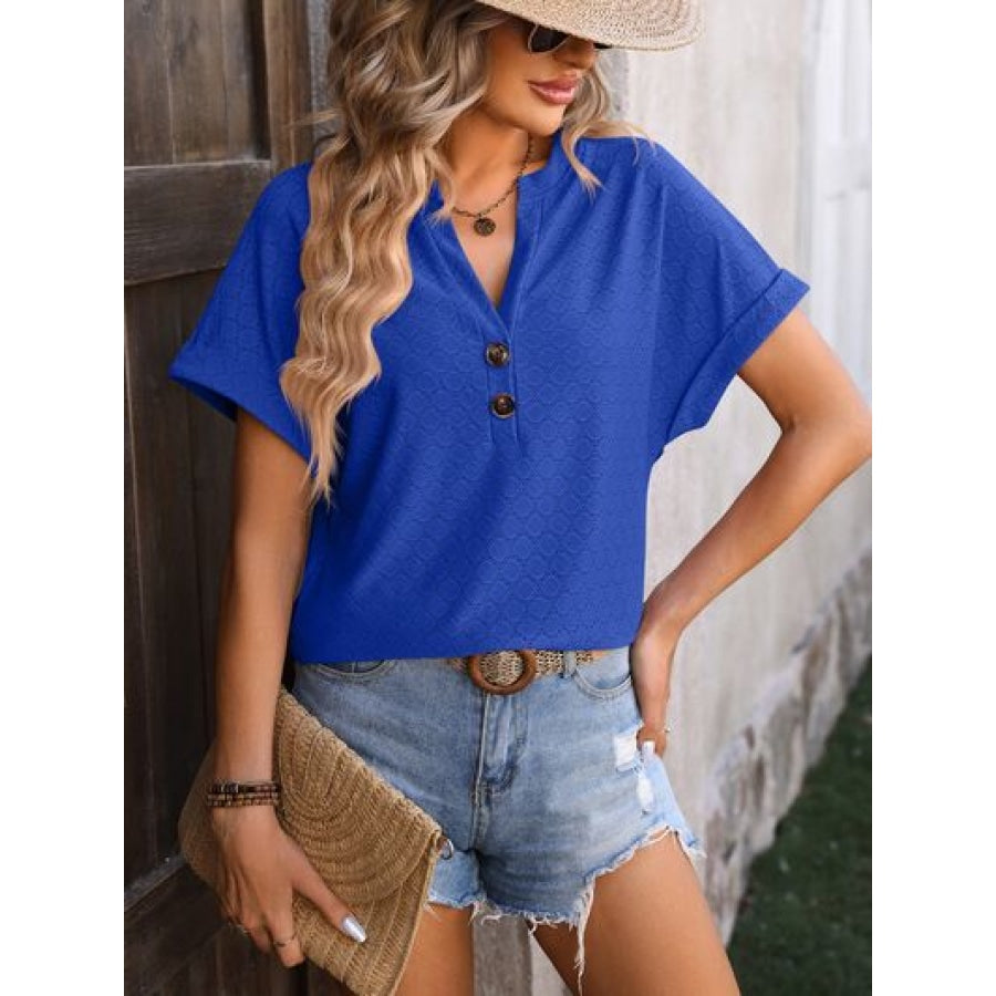 Eyelet Notched Short Sleeve T-Shirt Royal Blue / S Apparel and Accessories