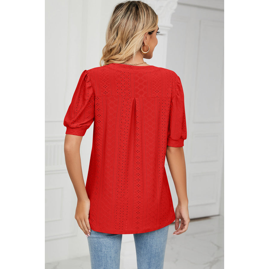 Eyelet Notched Short Sleeve T - Shirt Apparel and Accessories