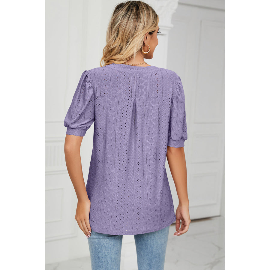 Eyelet Notched Short Sleeve T - Shirt Apparel and Accessories