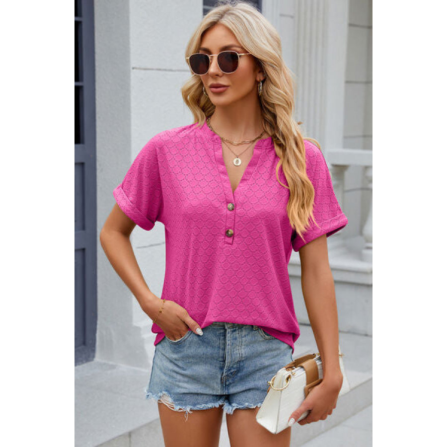 Eyelet Notched Short Sleeve T - Shirt Apparel and Accessories