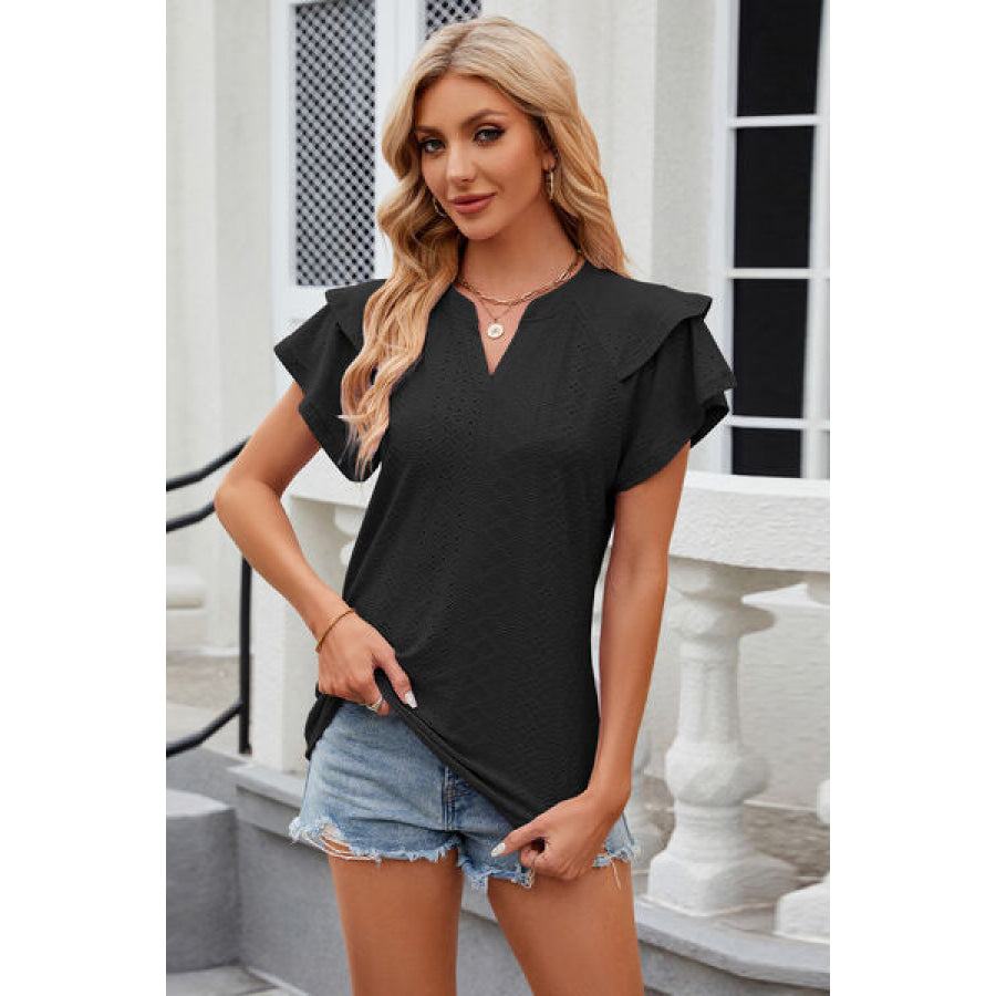 Eyelet Notched Short Sleeve T - Shirt Black / S Apparel and Accessories