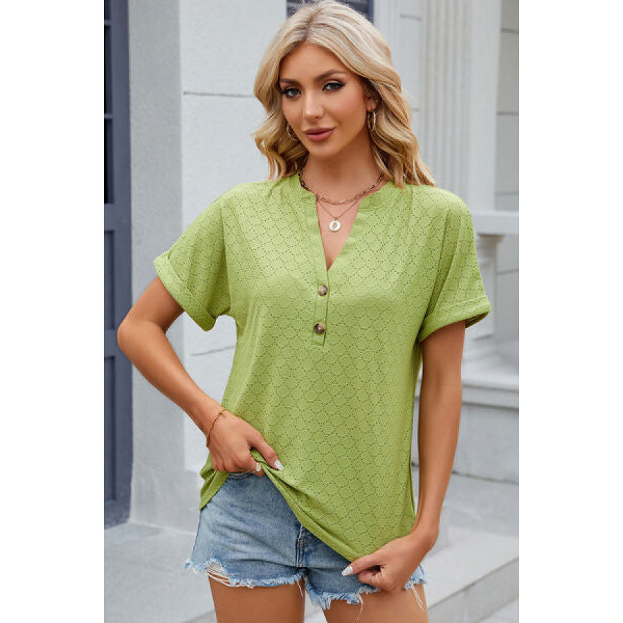Eyelet Notched Short Sleeve T - Shirt Chartreuse / S Apparel and Accessories