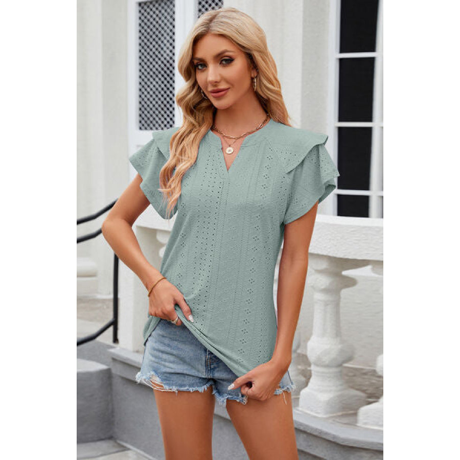Eyelet Notched Short Sleeve T - Shirt Gum Leaf / S Apparel and Accessories