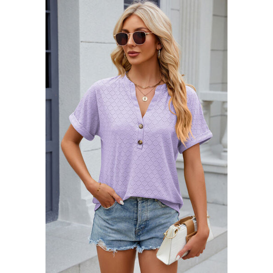 Eyelet Notched Short Sleeve T - Shirt Lavender / S Apparel and Accessories