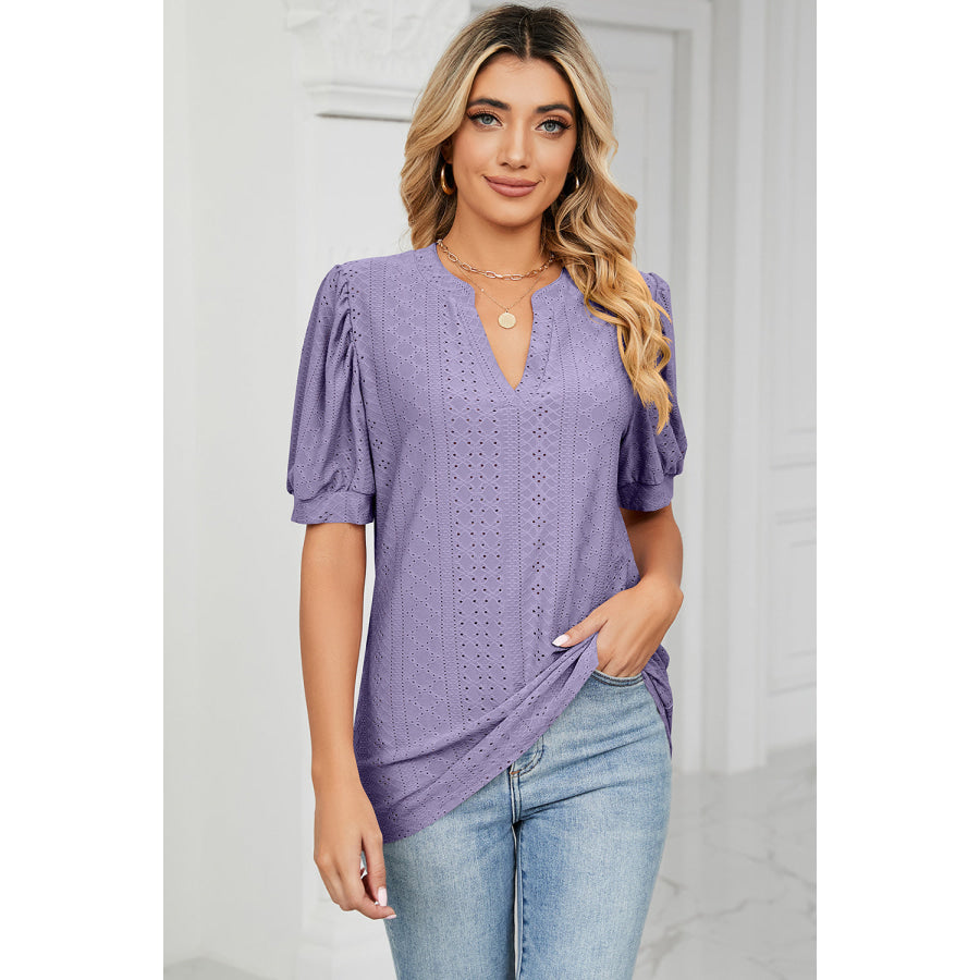 Eyelet Notched Short Sleeve T - Shirt Lavender / S Apparel and Accessories