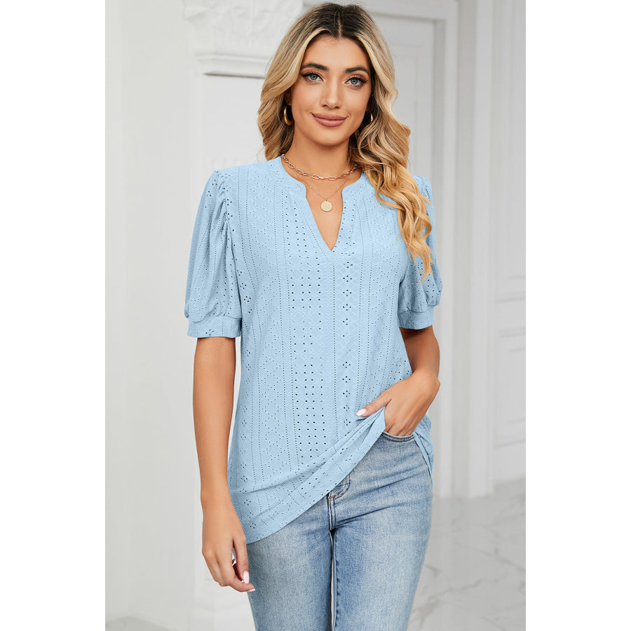 Eyelet Notched Short Sleeve T - Shirt Pastel Blue / S Apparel and Accessories