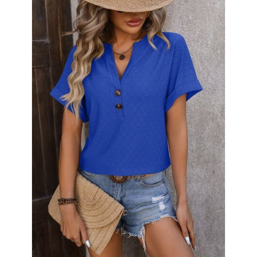 Eyelet Notched Short Sleeve T-Shirt Royal Blue / S Apparel and Accessories