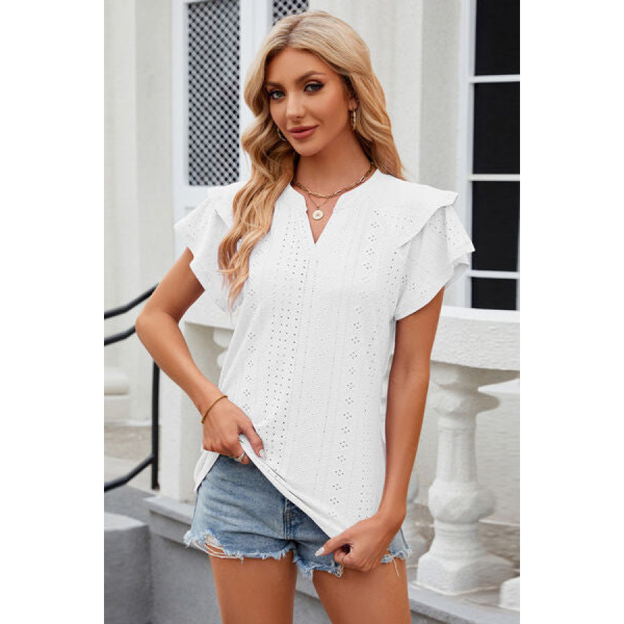 Eyelet Notched Short Sleeve T - Shirt White / S Apparel and Accessories