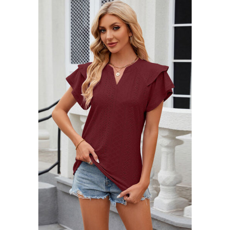 Eyelet Notched Short Sleeve T - Shirt Wine / S Apparel and Accessories