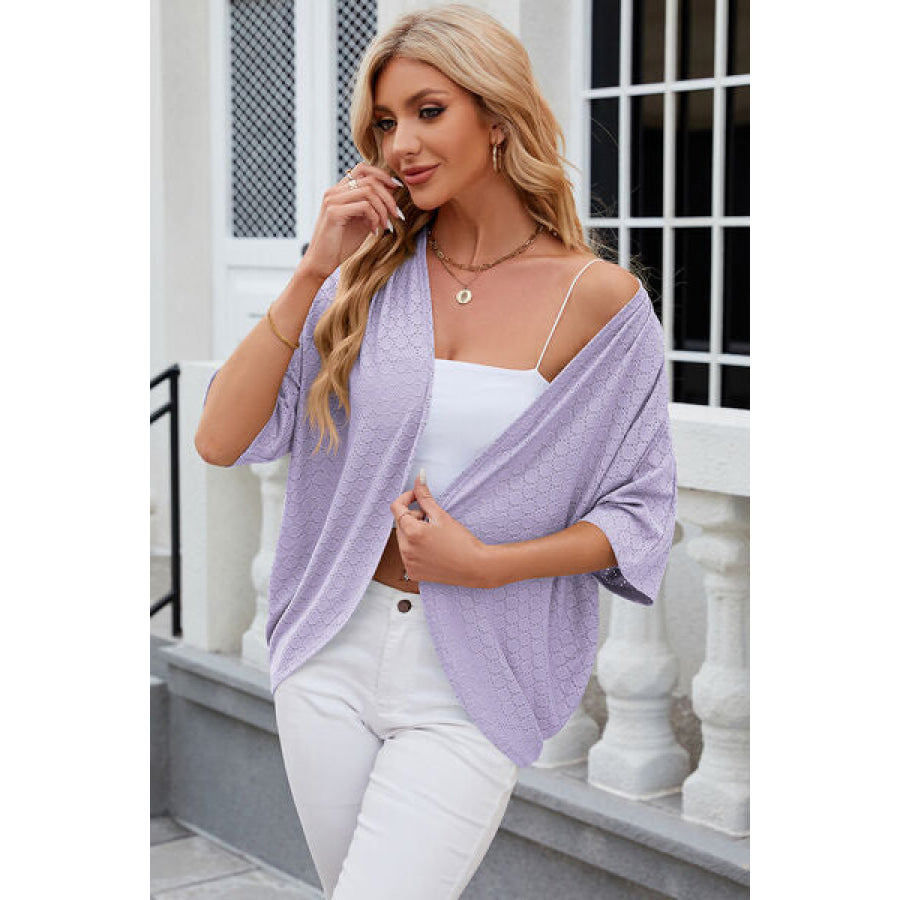 Eyelet Open Front Half Sleeve Cardigan Apparel and Accessories