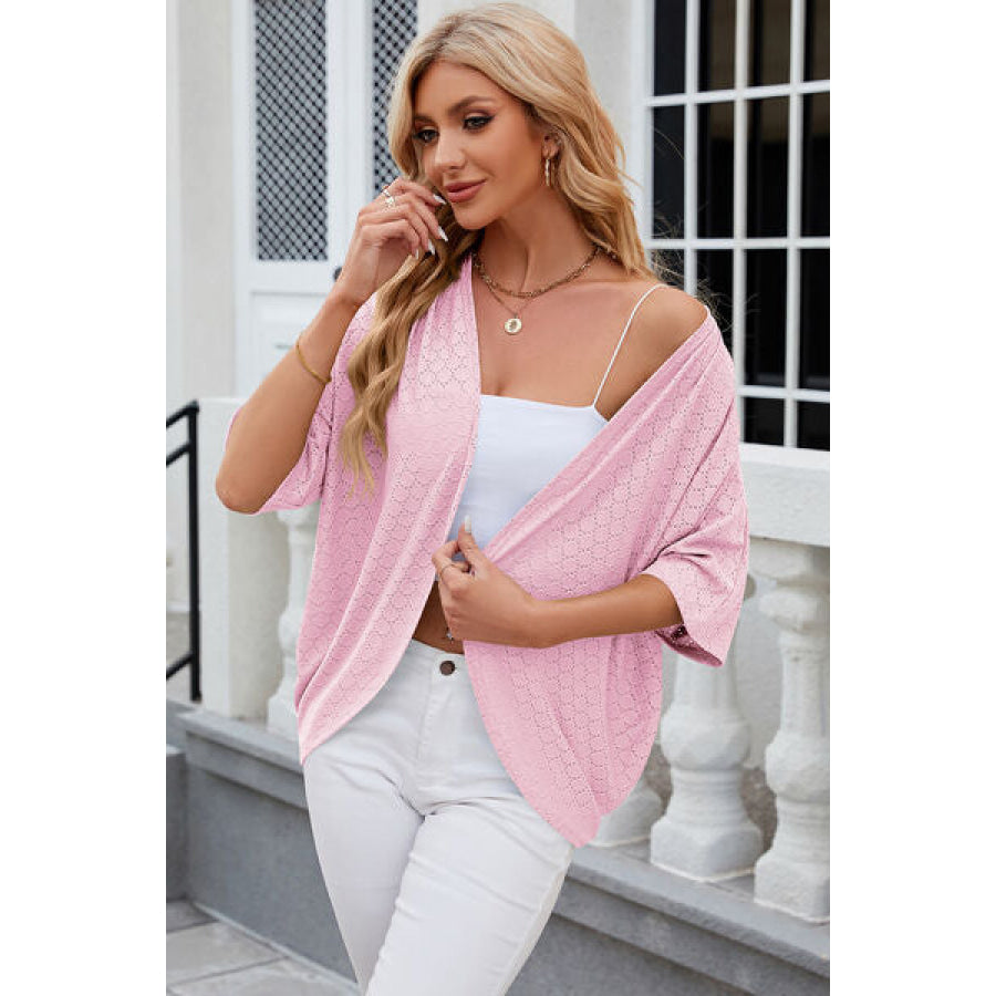 Eyelet Open Front Half Sleeve Cardigan Apparel and Accessories