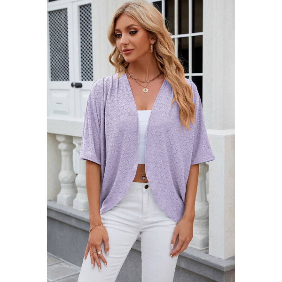 Eyelet Open Front Half Sleeve Cardigan Apparel and Accessories