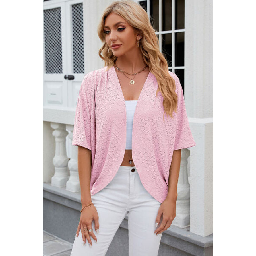 Eyelet Open Front Half Sleeve Cardigan Apparel and Accessories