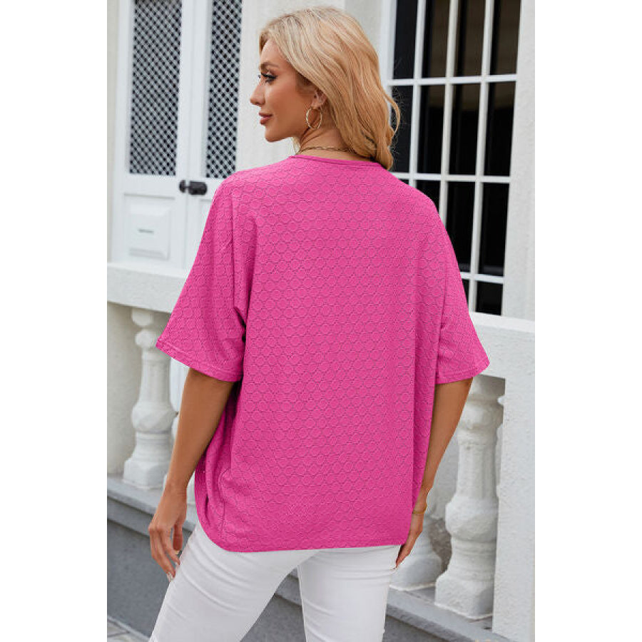 Eyelet Open Front Half Sleeve Cardigan Hot Pink / S Apparel and Accessories