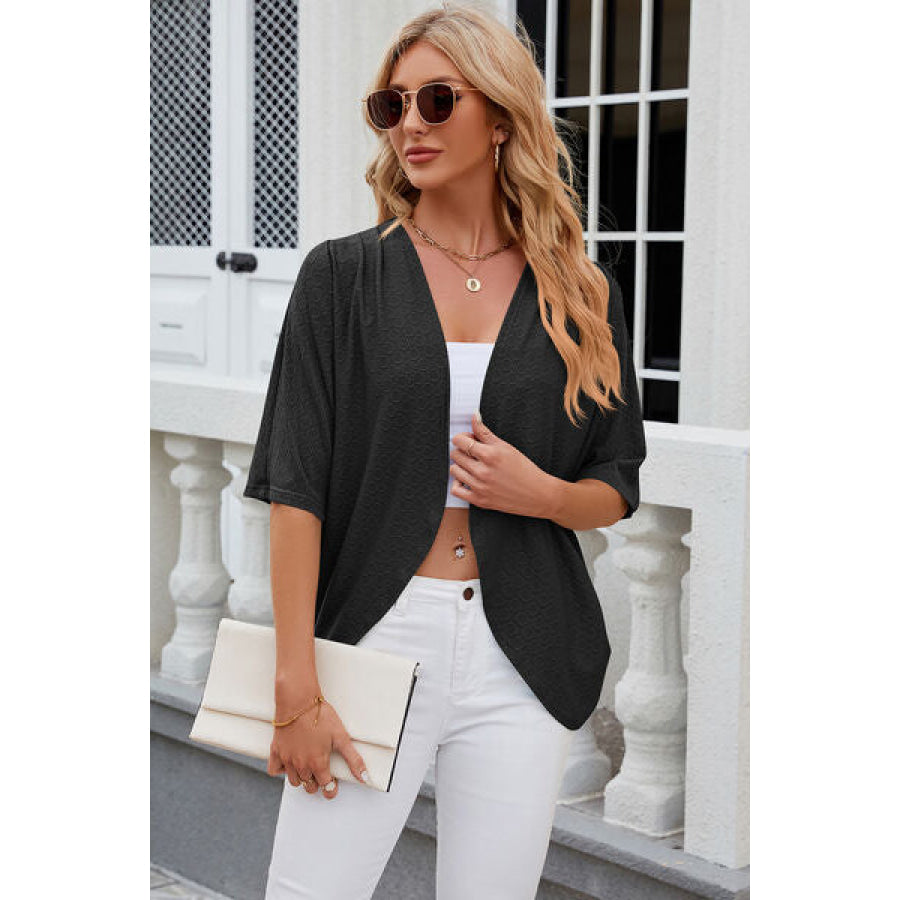 Eyelet Open Front Half Sleeve Cardigan Black / S Apparel and Accessories