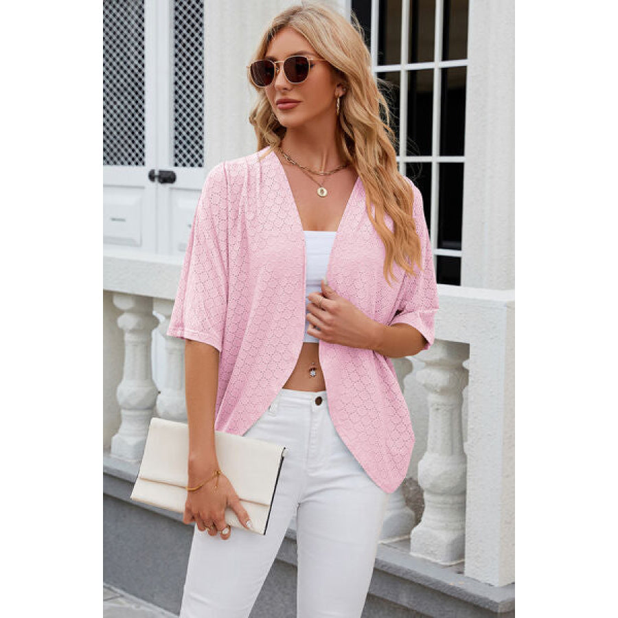 Eyelet Open Front Half Sleeve Cardigan Blush Pink / S Apparel and Accessories