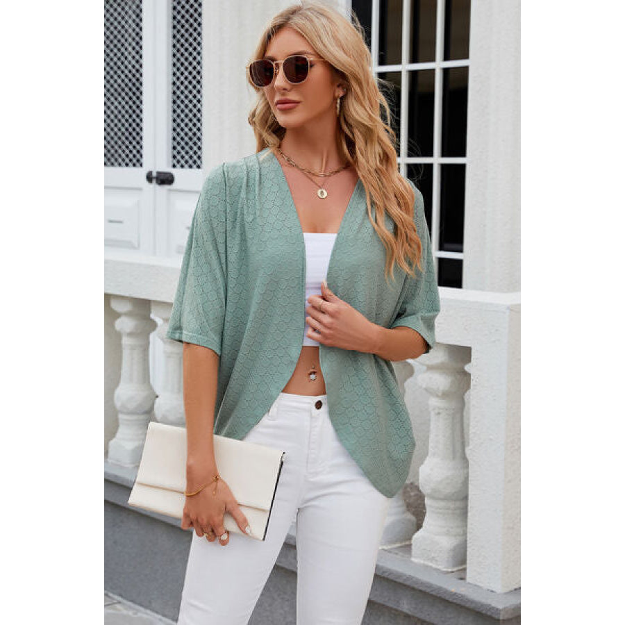 Eyelet Open Front Half Sleeve Cardigan Gum Leaf / S Apparel and Accessories