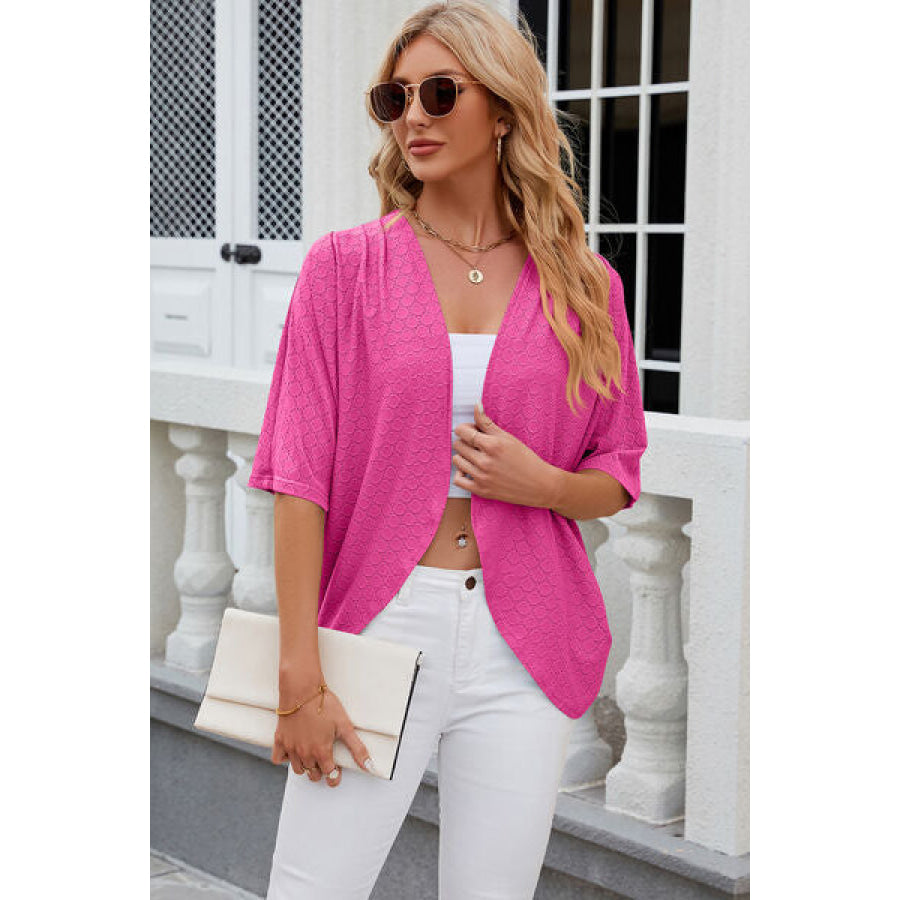 Eyelet Open Front Half Sleeve Cardigan Hot Pink / S Apparel and Accessories