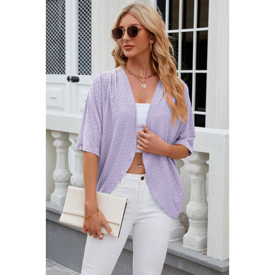 Eyelet Open Front Half Sleeve Cardigan Lavender / S Apparel and Accessories