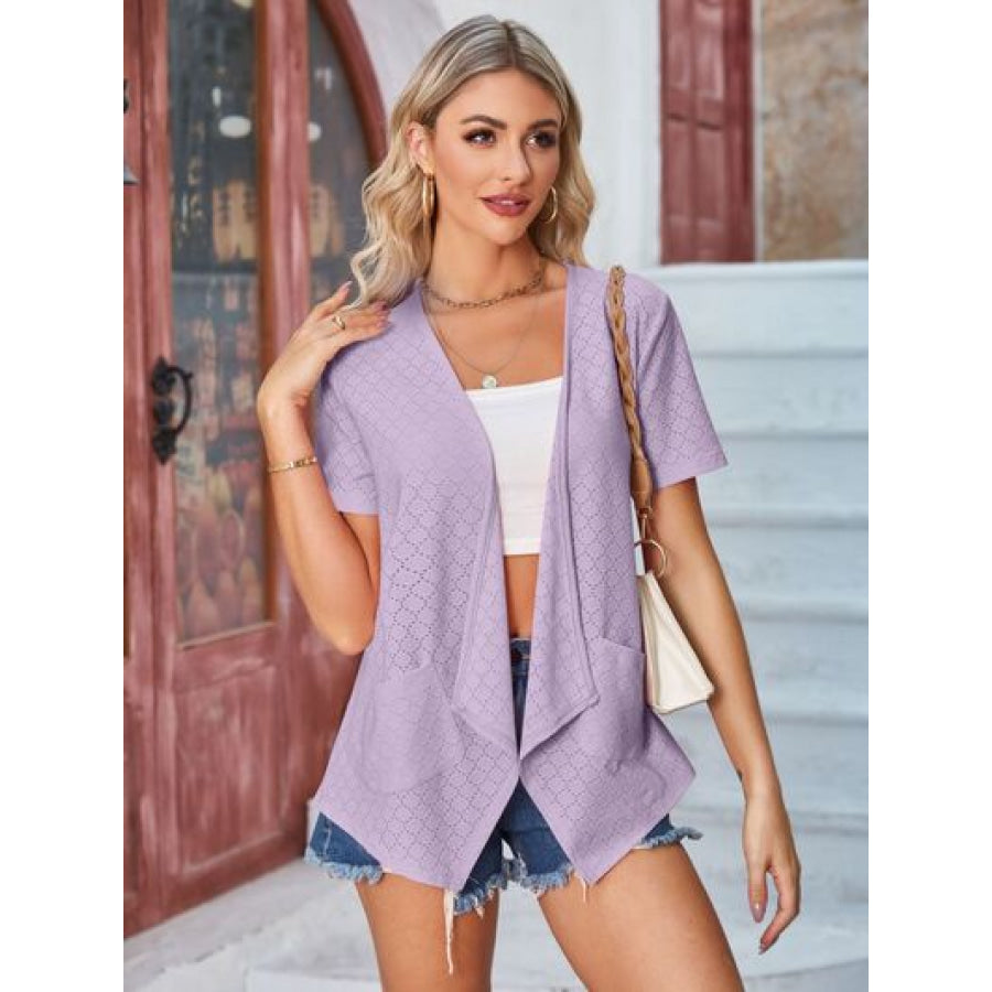 Eyelet Open Front Short Sleeve Cover Up Apparel and Accessories