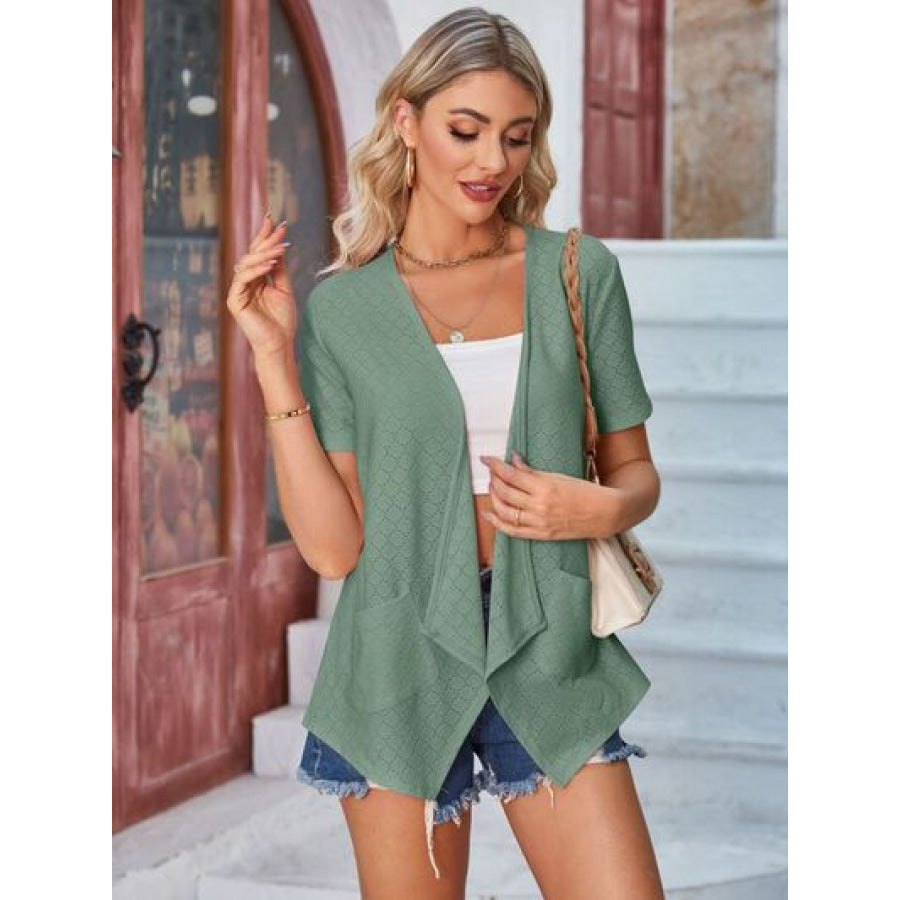 Eyelet Open Front Short Sleeve Cover Up Apparel and Accessories