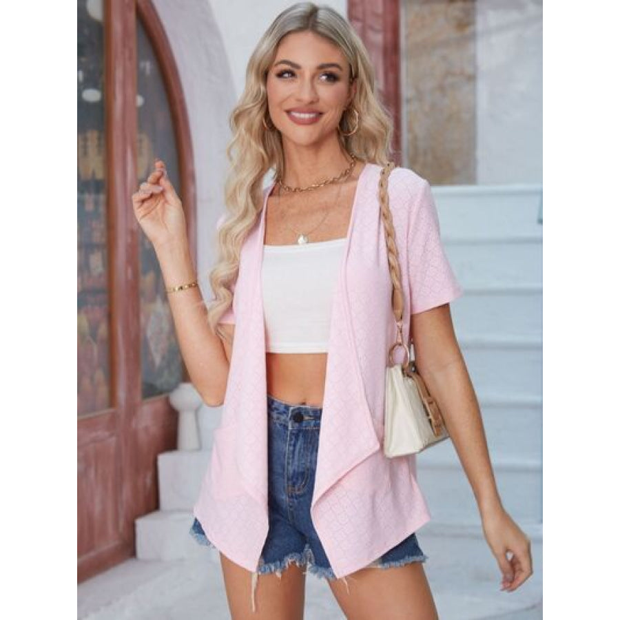Eyelet Open Front Short Sleeve Cover Up Blush Pink / S Apparel and Accessories