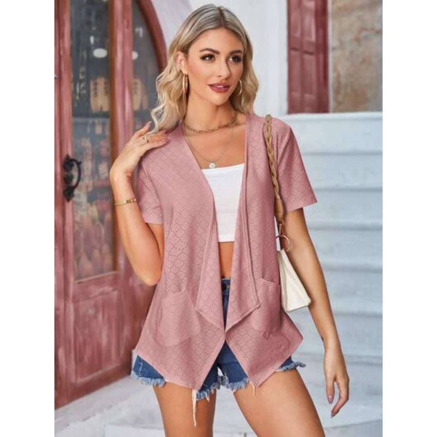 Eyelet Open Front Short Sleeve Cover Up Apparel and Accessories