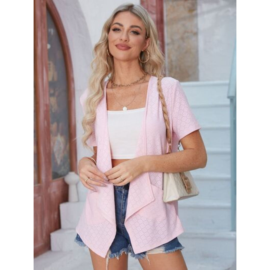 Eyelet Open Front Short Sleeve Cover Up Blush Pink / S Apparel and Accessories